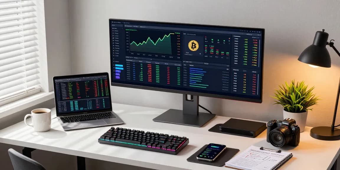 Trusted cloud mining company workspace featuring Bitcoin trading charts, digital wallet, and DeFi applications in a modern office setting.