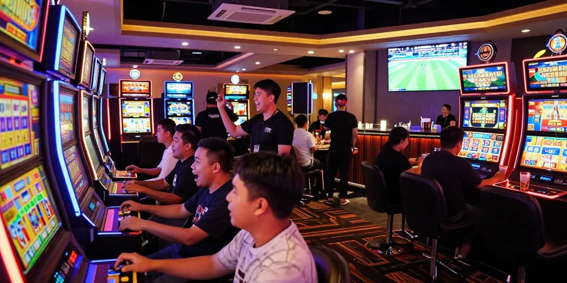 Players enjoying slot gacor games in a lively casino environment, showcasing vibrant lights and excitement.