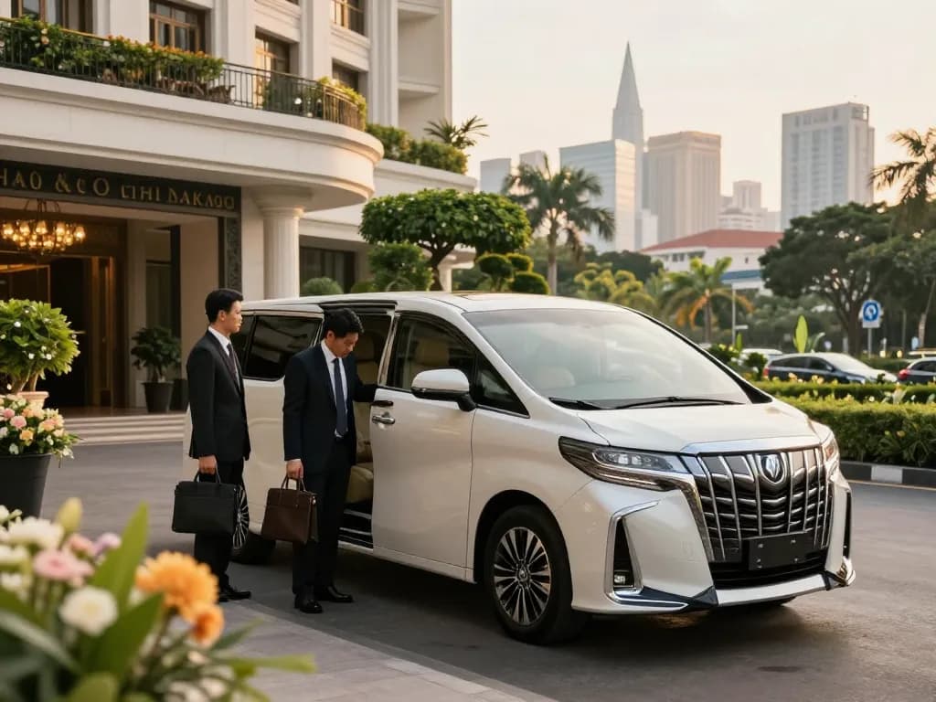 Trải nghiệm sự sang trọng đẳng cấp với thuê xe Alphard tại Hồ Chí Minh, cung cấp dịch vụ tài xế tại một khách sạn cao cấp.