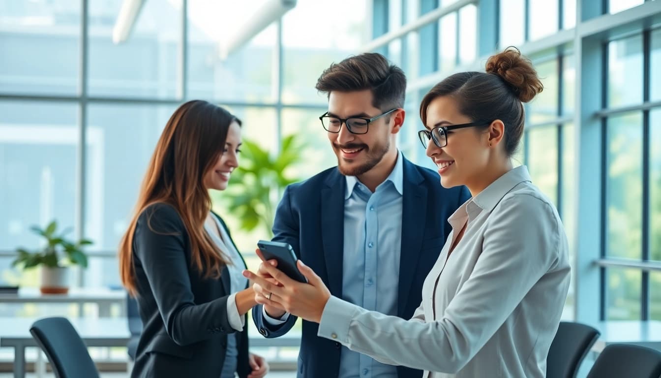 Dynamic scene of an enterprise assistant helping employees in a modern workspace.