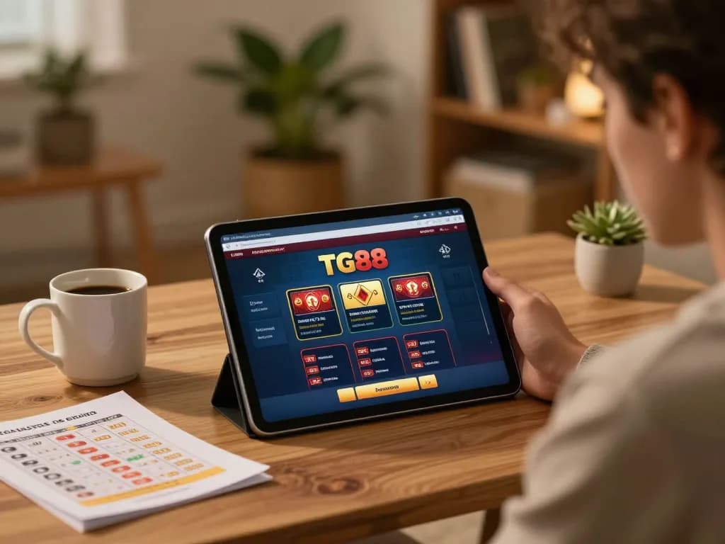 TG88 player engaging with online casino games on tablet in a cozy home environment