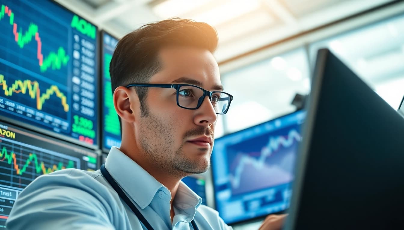 Monitor showing AON stock price analysis with a focused analyst reviewing data.