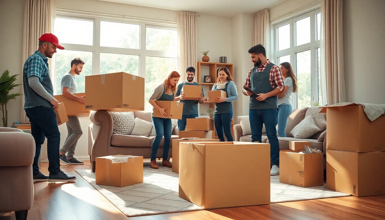 Movers near me packing a family’s belongings efficiently in a bright living room.