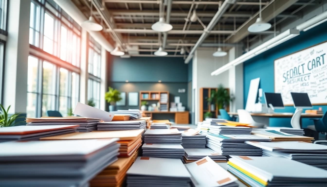 Showcased workspace of a direct mailing company emphasizing productivity and vibrant mail products.