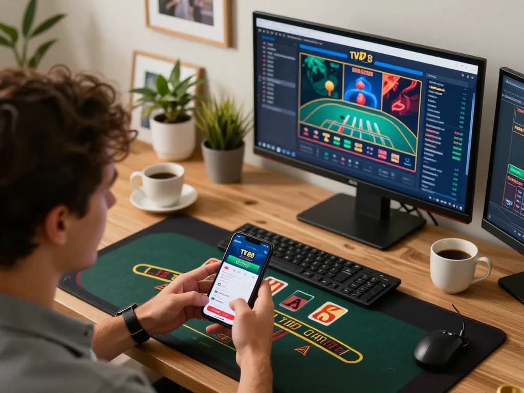 Experience thrilling mobile gaming at TV88 with a player engaged in blackjack on their smartphone.