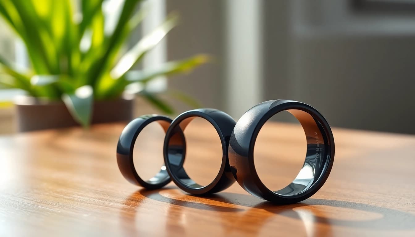 Showcase of Black Zirconium Rings on a wooden surface highlighting their sleek design and texture.