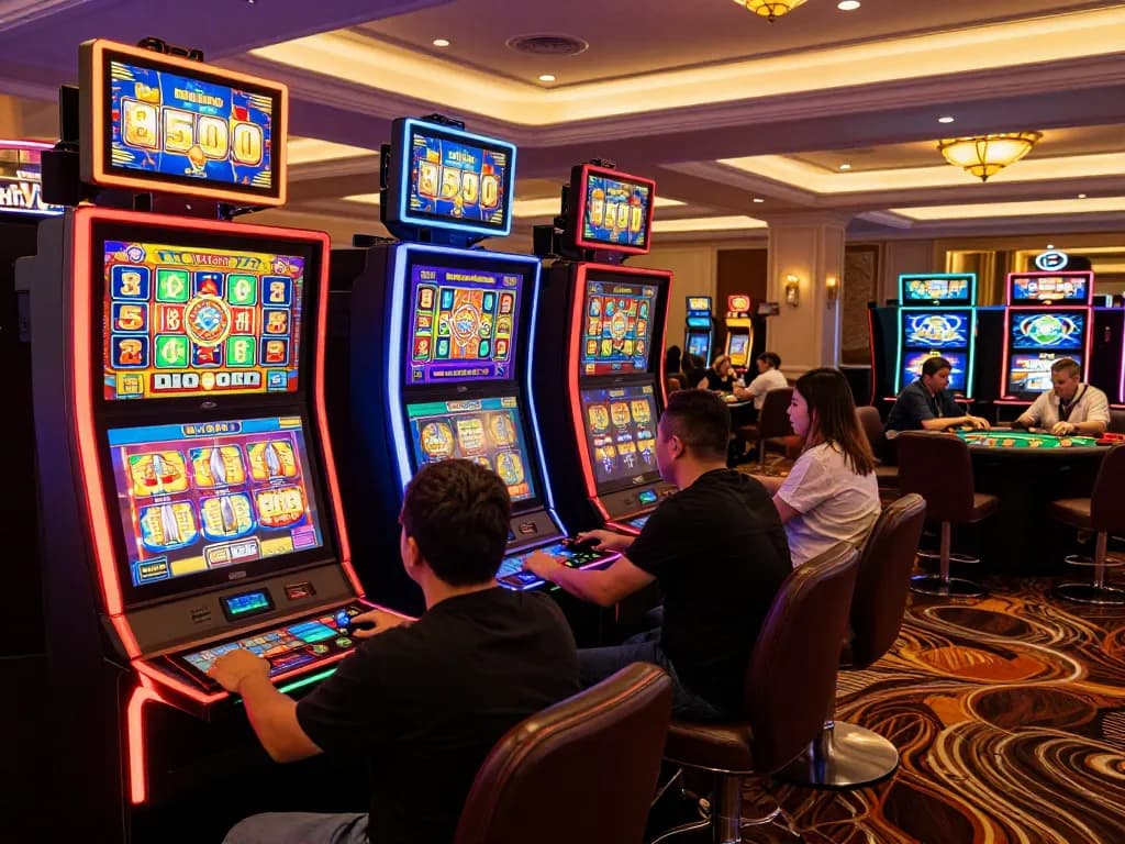Players enjoying vibrant slot machines at a luxurious casino showing Link Gaco experience