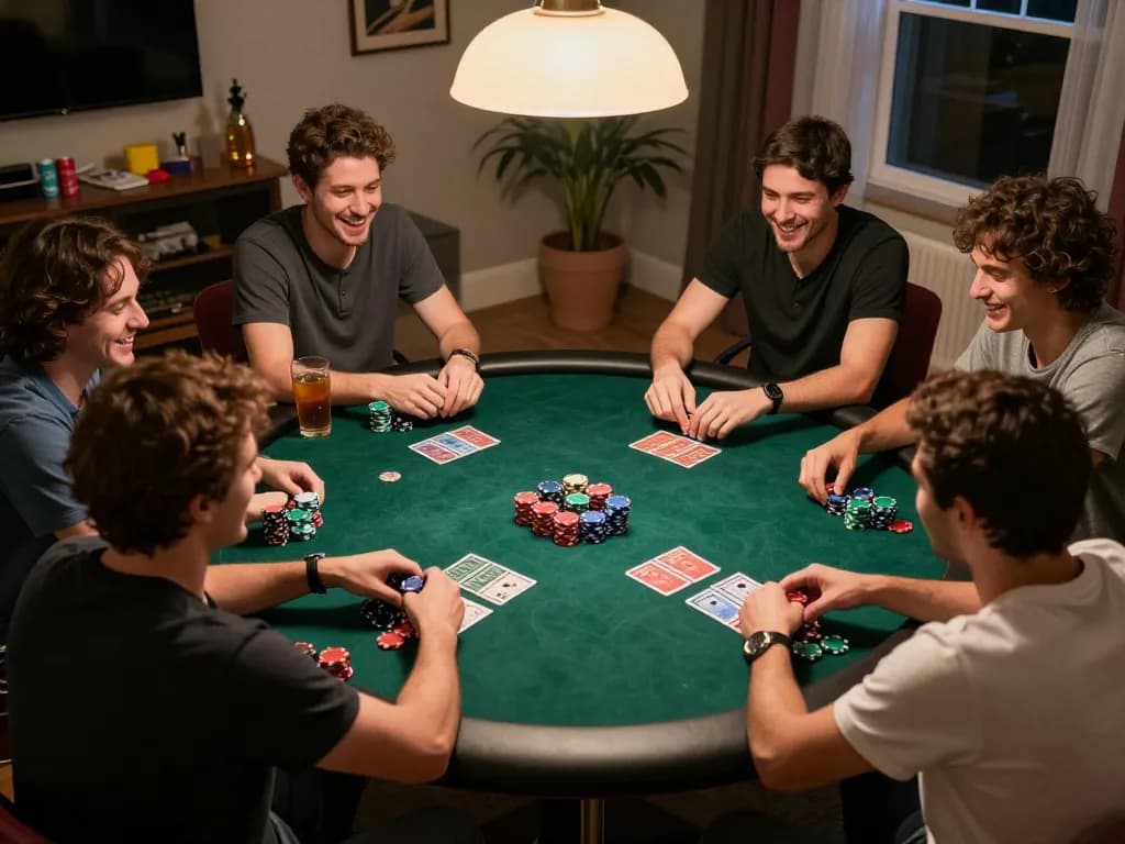Enjoying a thrilling game of poker at home, showcasing situs slot777 strategy and excitement