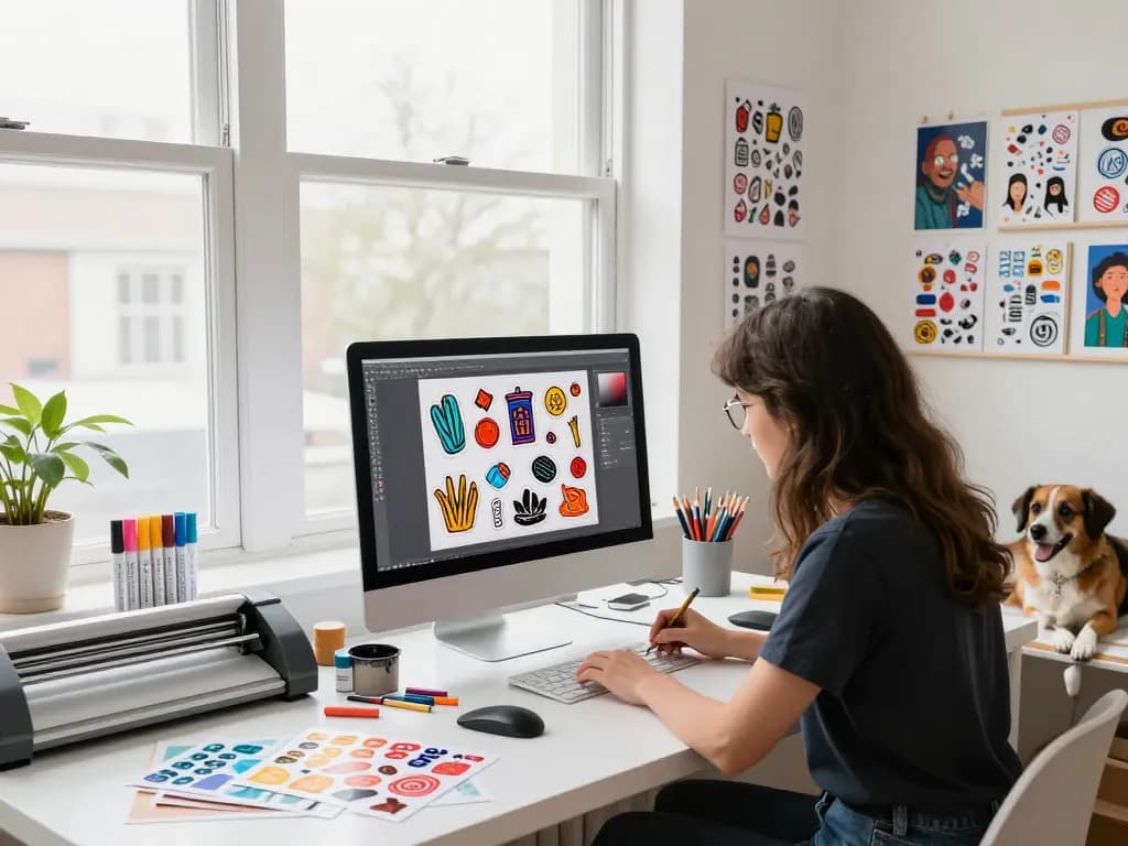 Designer creating custom stickers in a vibrant art studio filled with creativity and inspiration.