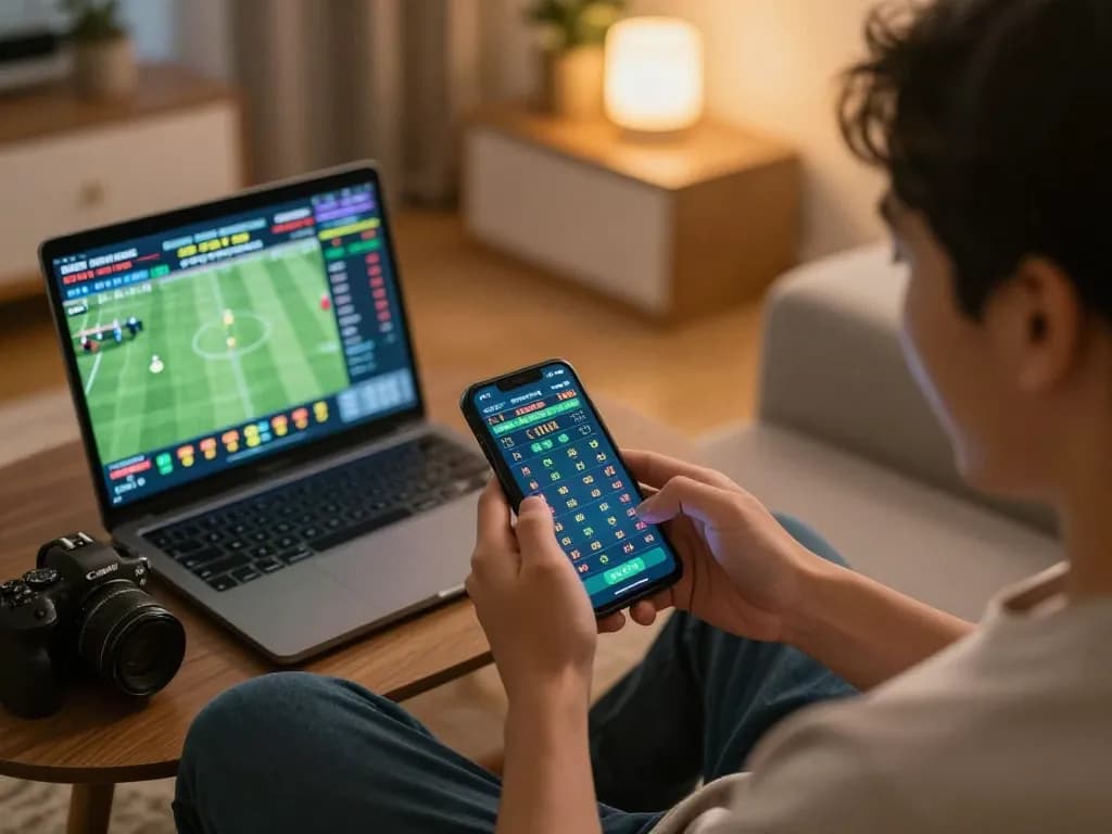 Placing bets on LV88 sports betting app showing odds and live matches, showcasing excitement in a comfortable home.