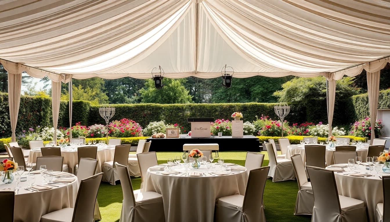 Transform your next Corporate Event Rentals with a stunning outdoor setup featuring elegant decor.