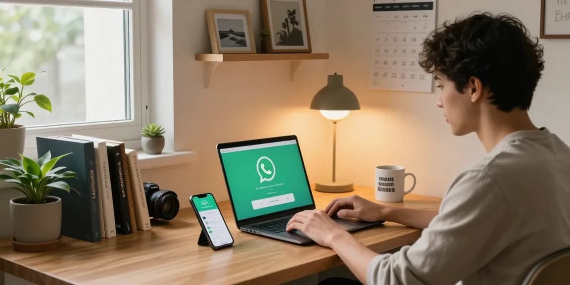 User downloading WhatsApp下載 in a cozy modern home office.