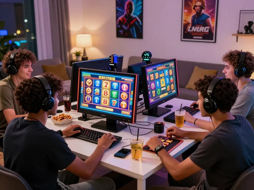 Pemain yang bersemangat menikmati permainan situs slot dalam pengaturan permainan modern, menampilkan visual yang hidup dan suasana yang meriah.
