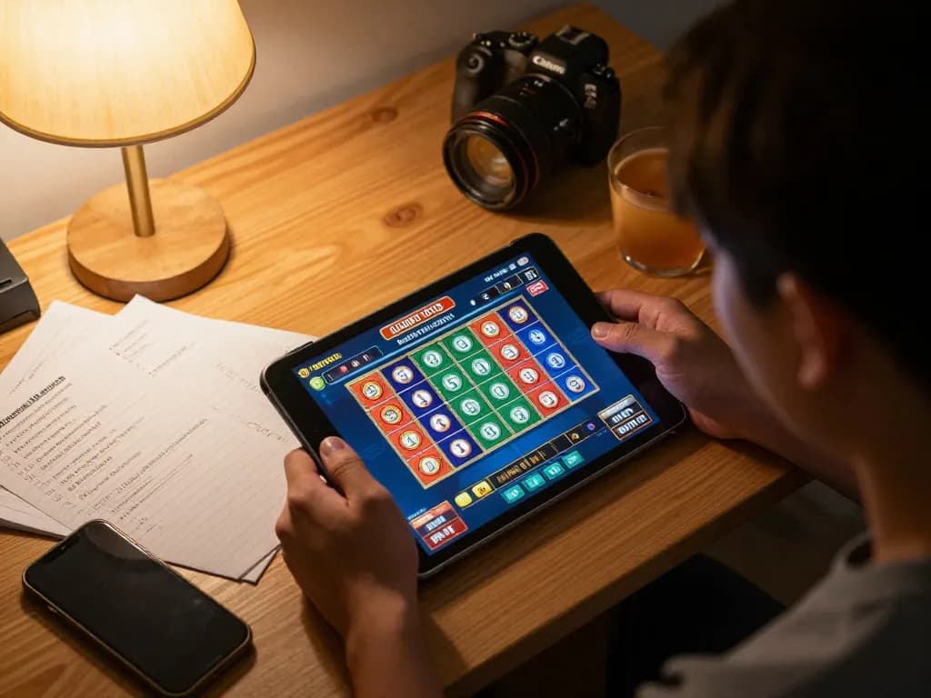 Engaging in Gajah Toto online games with tablet and strategy notes in cozy home setting.