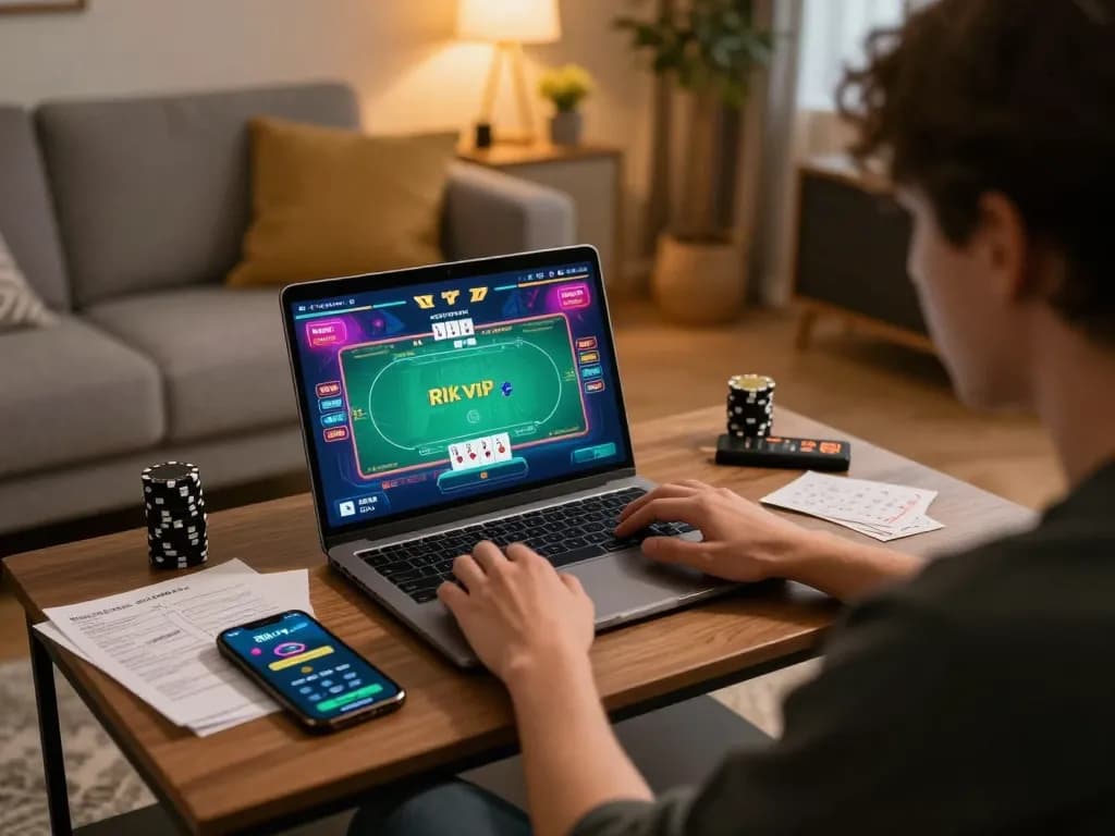 Engage in responsible gaming with Rik vip on your laptop in a cozy home setting.