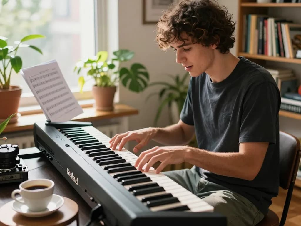 A musician enjoying the go 88 digital piano in a cozy apartment, surrounded by music sheets and sunlight, capturing artistic inspiration.