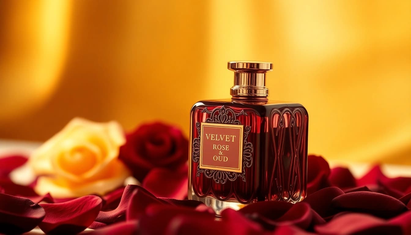 Experience the essence of Velvet rose & oud captured in an elegant perfume setting.