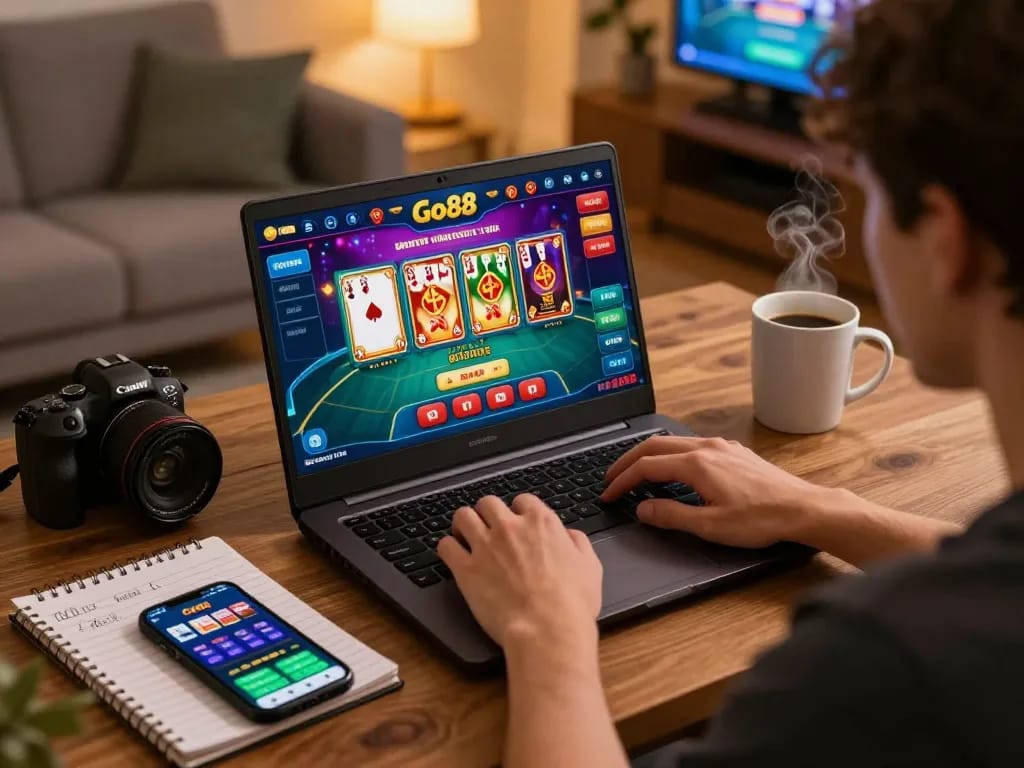 An engaged gamer reviewing Go88 lừa đảo https: game strategies on laptop surrounded by personal items, illustrating responsible online gambling.
