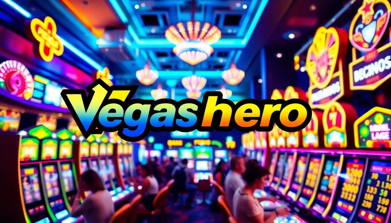 Experience the excitement of Vegas hero at a lively online casino scene with vibrant lights.
