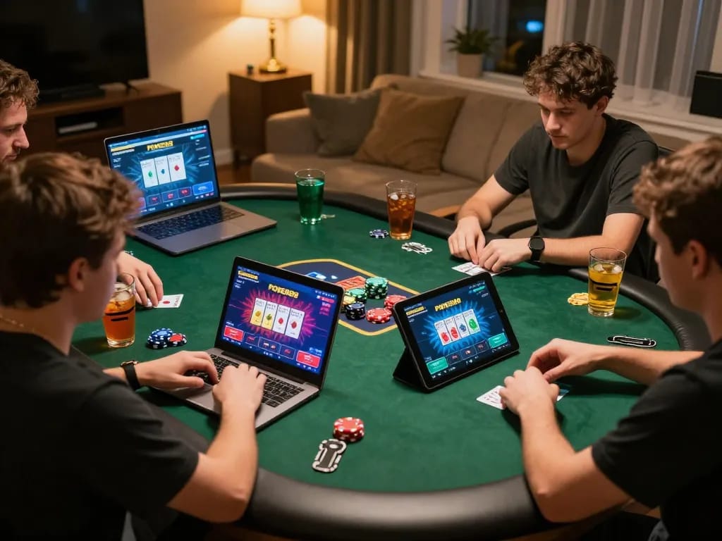 Players strategizing and winning on POKER88 during an online tournament in a cozy gaming setup