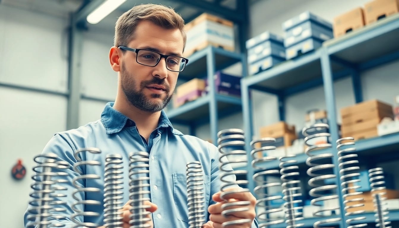 Gas Spring Supplier inspecting high-quality gas springs in a modern workshop.