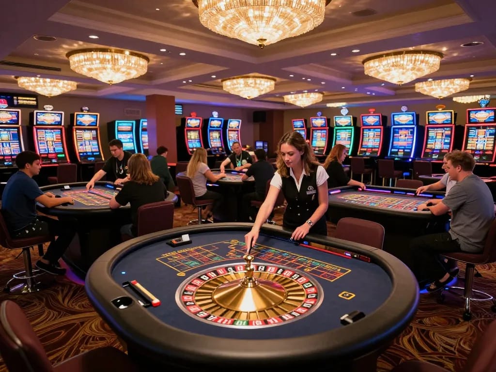 Experience winstrike69 at a lively roulette table with players making strategic bets and croupiers managing the game
