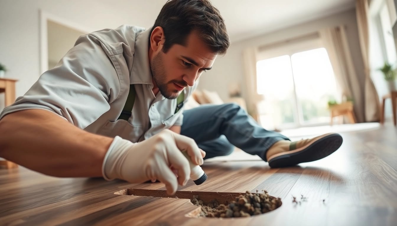 Floor crack bug removal with a professional pest control operator applying treatment in a living room.
