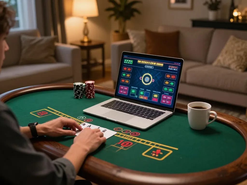 Engaging with live dealer blackjack on LC88 within a cozy home environment.