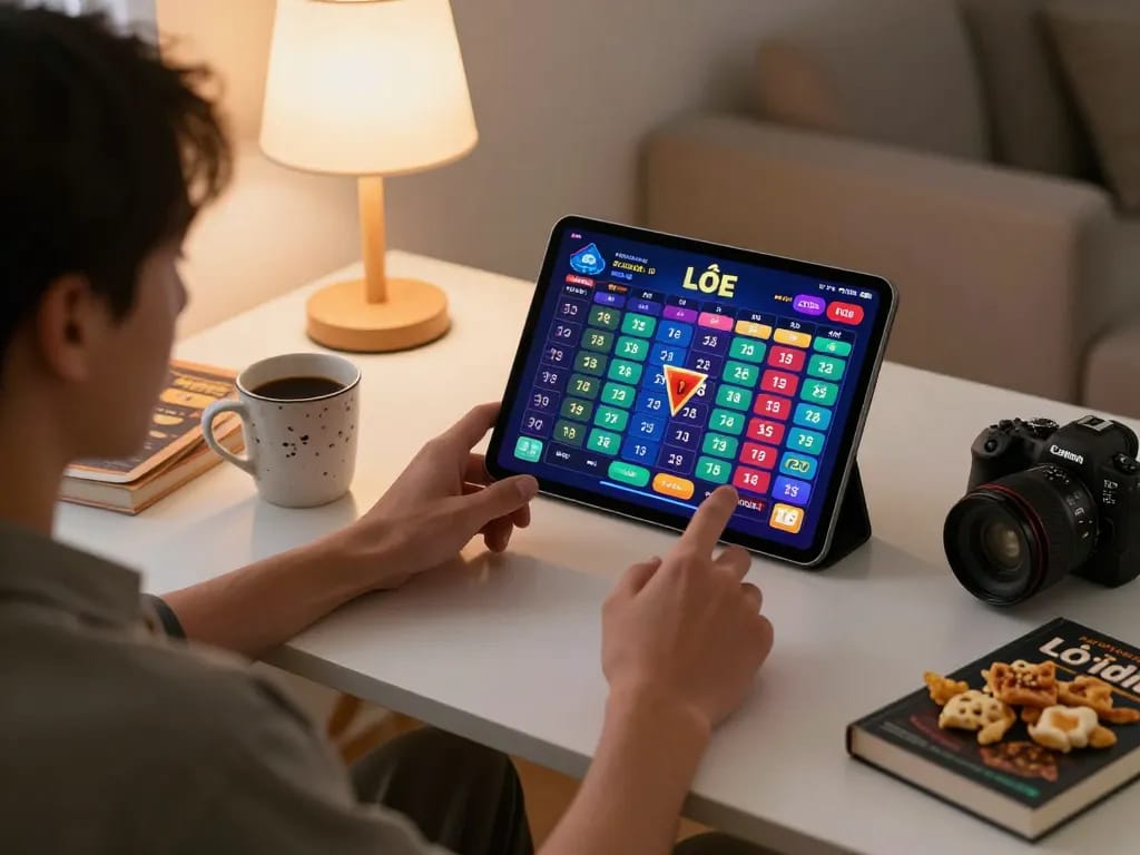 Lô đề online gaming on a tablet in a cozy home, showcasing vibrant betting interface and strategy notes.