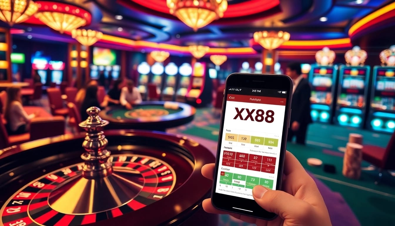 Experience the excitement of betting with XX88 in a luxurious casino atmosphere featuring vibrant gaming elements.