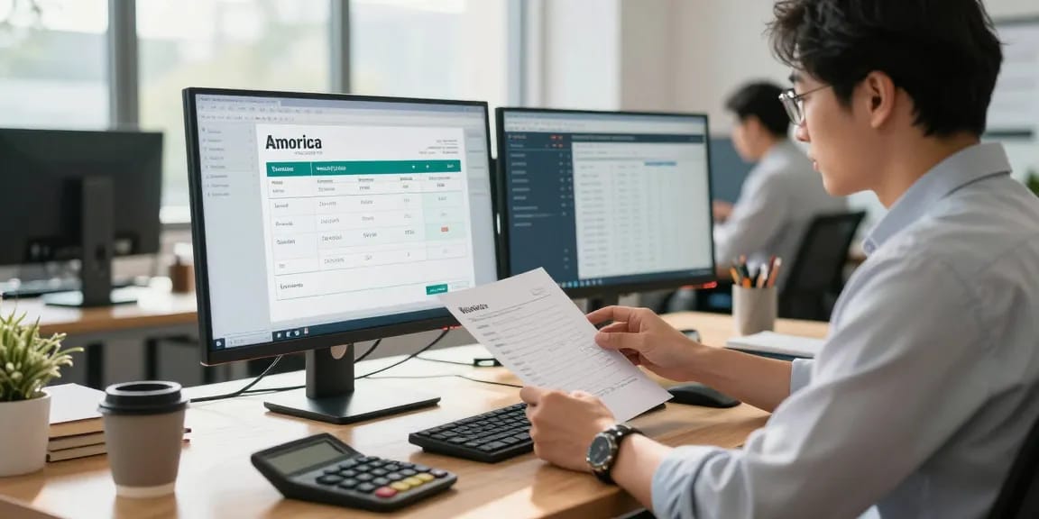 Detect fraud invoice using AI technology in a modern professional office environment with an accountant analyzing digital invoices.