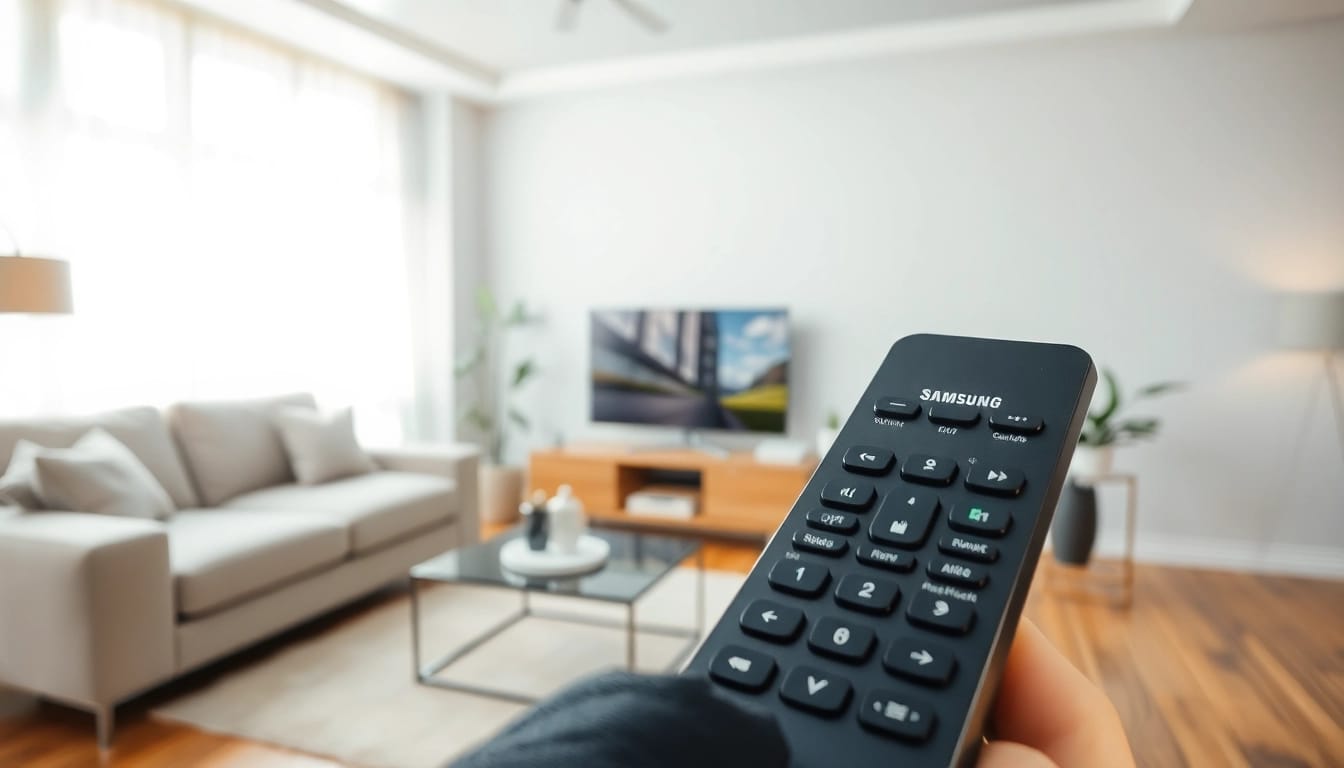 Fernbedienung Samsung mit Sprachsteuerung in einer modernen Wohnzimmereinrichtung