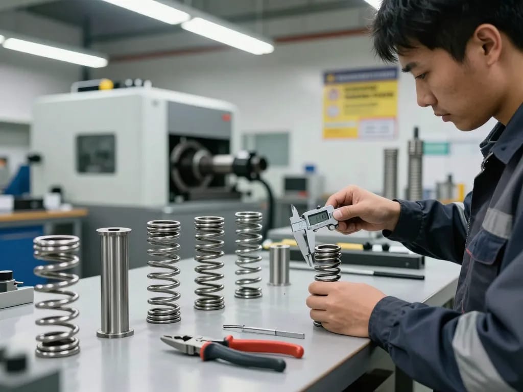 Tehnician măsurând arcurile ciur într-un atelier industrial cu componente și unelte din oțel inoxidabil.