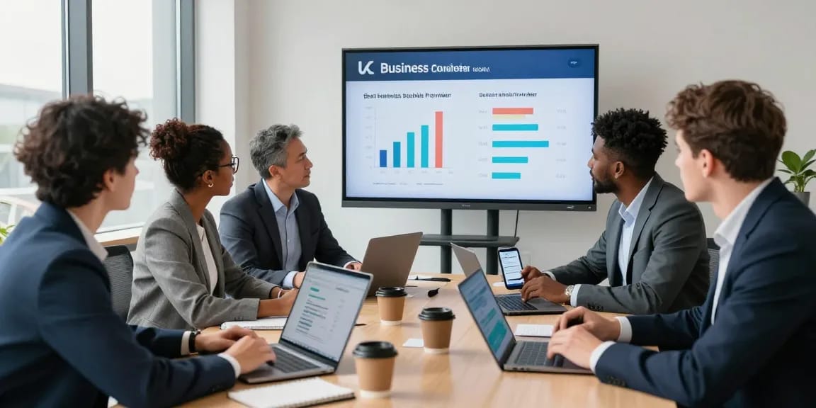 Collaborative team evaluating the best business mobile providers UK in a modern office.
