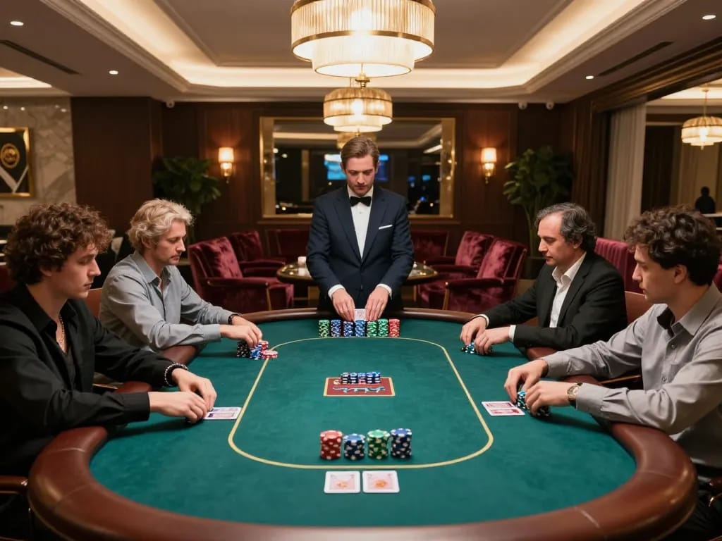 Players at vipwin poker table engage in strategic gameplay with colorful chips stacked