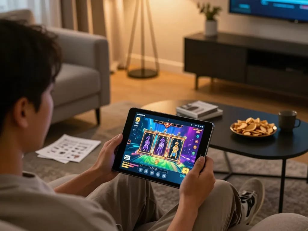 Permainan demo slot yang menarik di tablet dengan pemain menikmati permainan yang penuh wawasan di rumah.