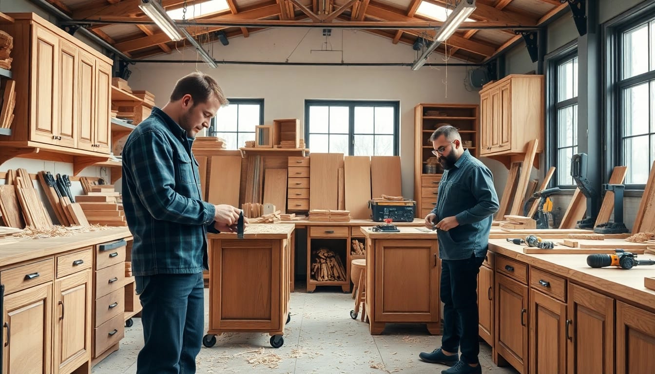 Skilled cabinet makers showcasing their craftsmanship in a bright workshop.
