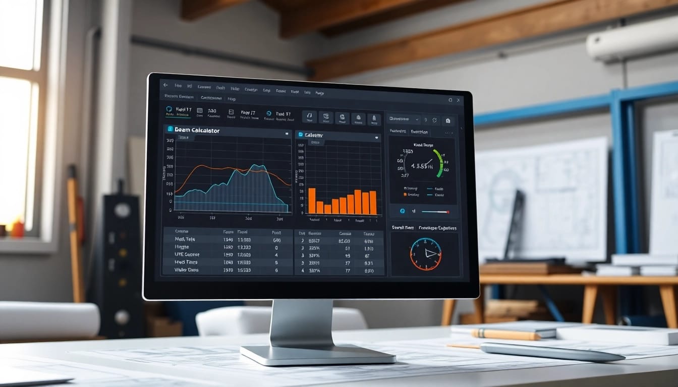 Using a beam calculator to analyze structural data in a professional engineering workspace.