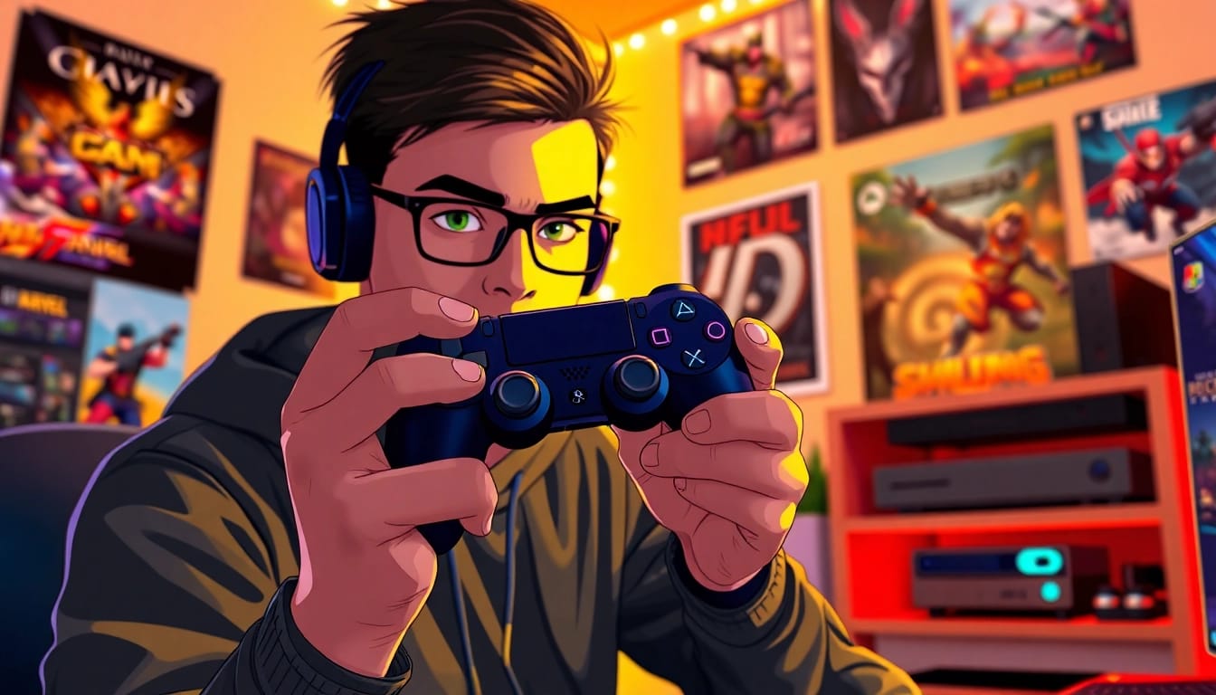 Gracz z kontrolerem PlayStation w dynamicznym otoczeniu gamingowym.