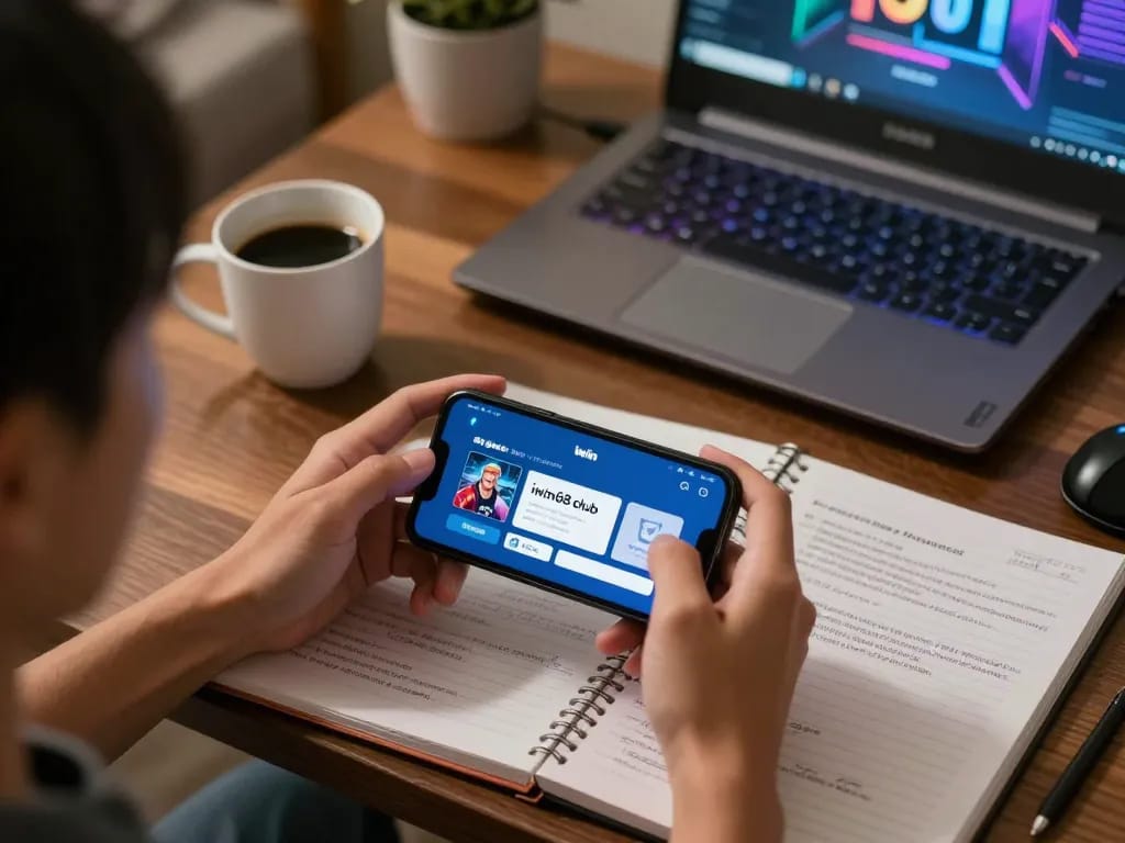 Engaging scene of a player using the tải game iwin iwin68 club app on a smartphone while strategizing with notes.