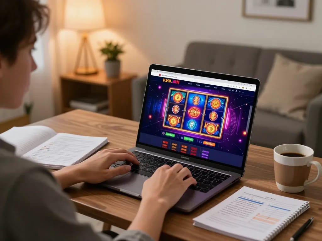Engaging with the KKWIN casino on a laptop, displaying vibrant slot machines.