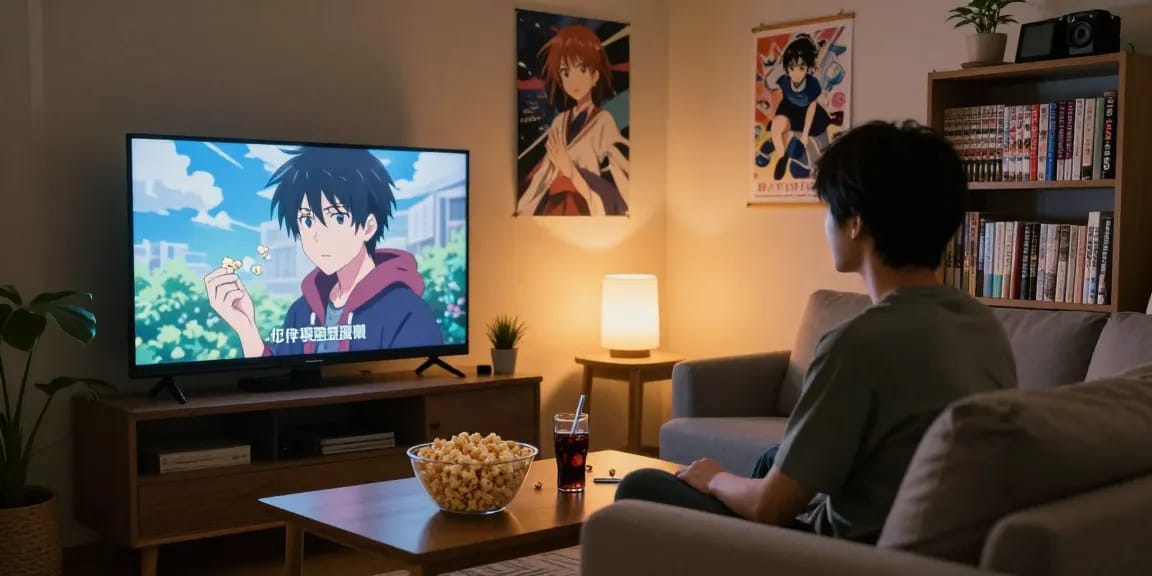 Pengalaman menonton animeplay dengan suasana santai di ruang tamu yang nyaman.
