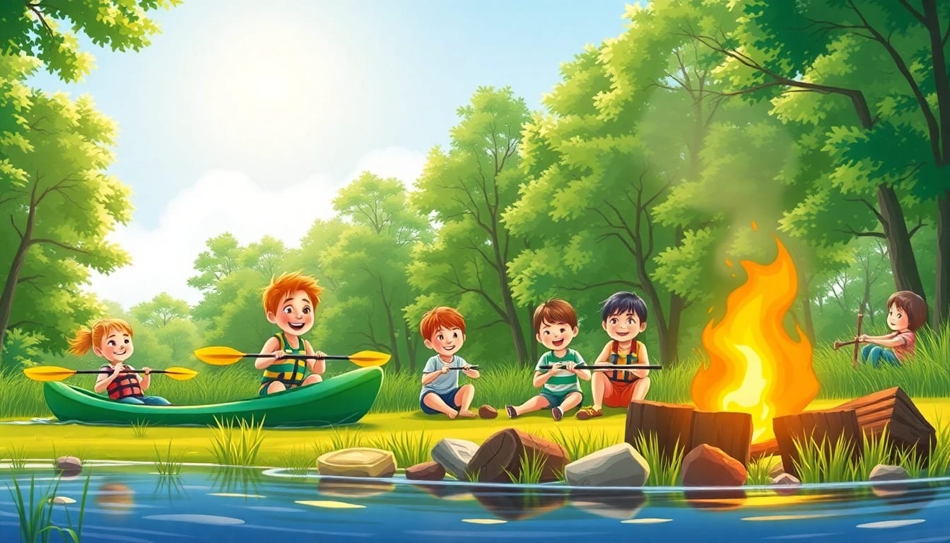 Children enjoying activities at illinois summer camps like kayaking and campfires.