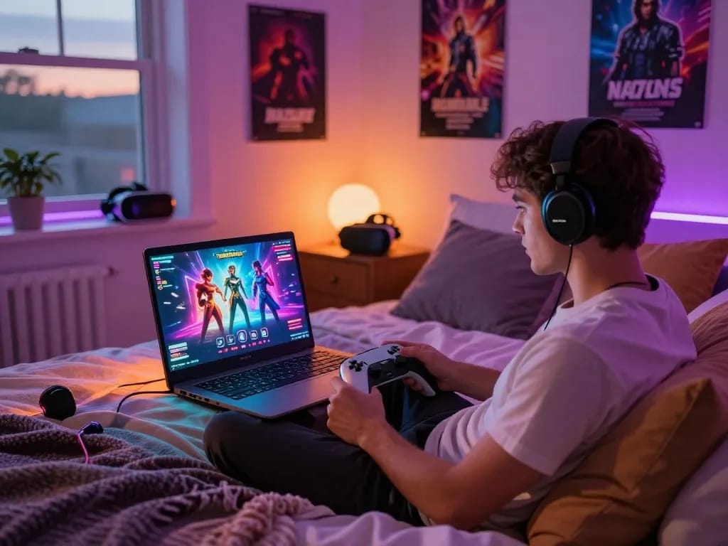 Engaging scene showcasing a player immersed in ai porn games on a stylish laptop in a cozy bedroom.