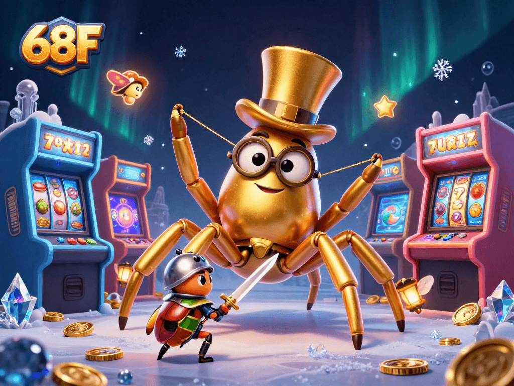 Aventuras do 68F em um cassino animado com aranhas douradas e jogos brilhantes.