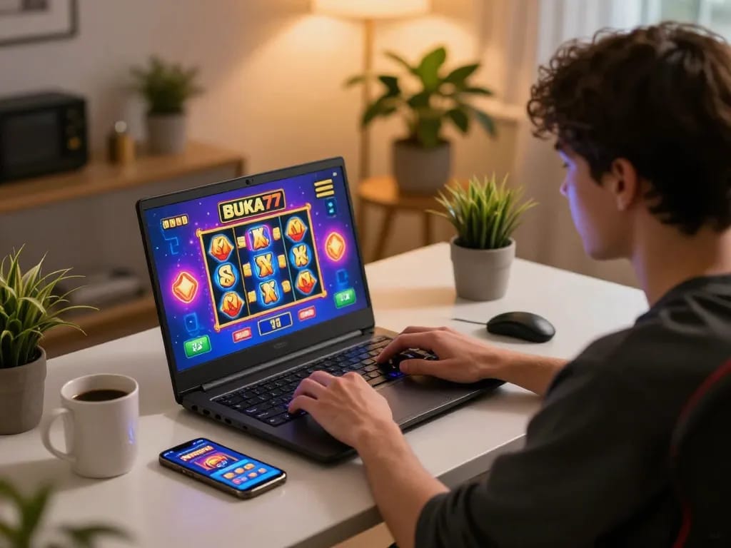 Engage with BUKA77 online slots game in a cozy home setting, showcasing the excitement of gameplay.