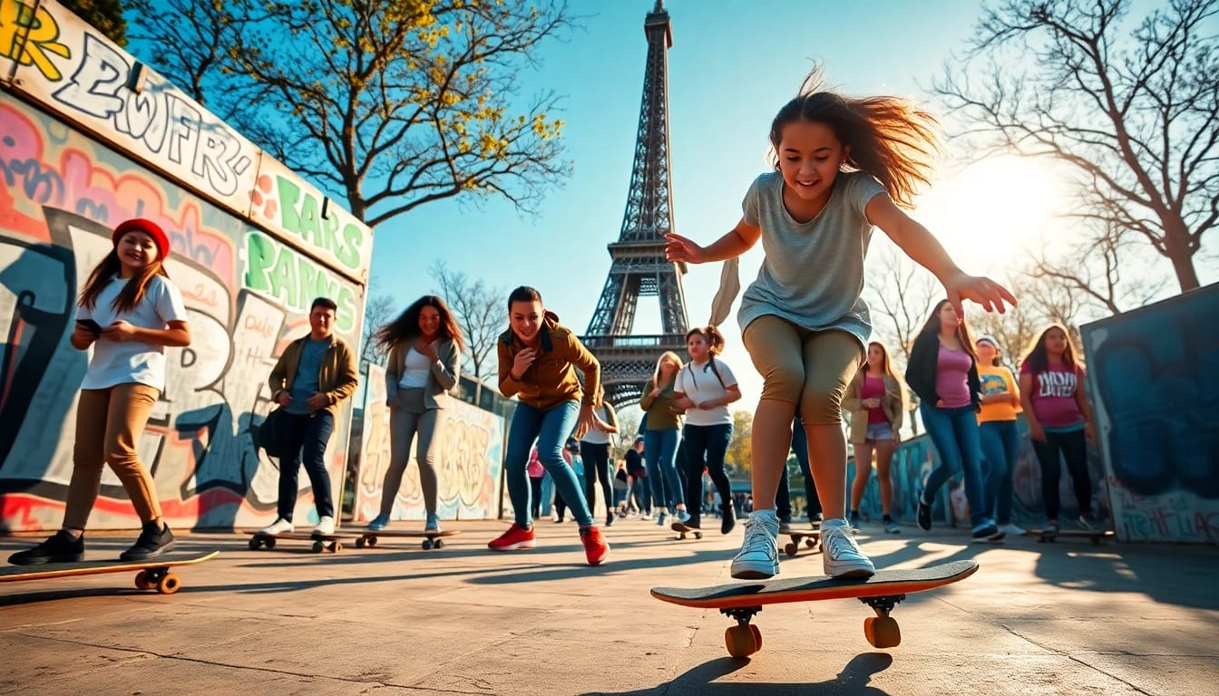 Learn skateboard classes in Paris with diverse participants practicing in an energetic urban setting.