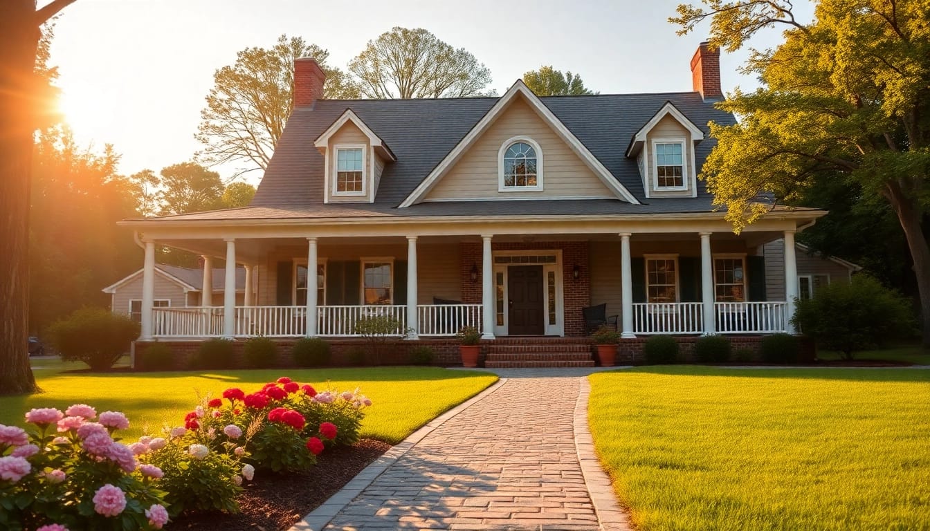 View of a luxurious colonial home build featuring a traditional porch and vibrant landscape.