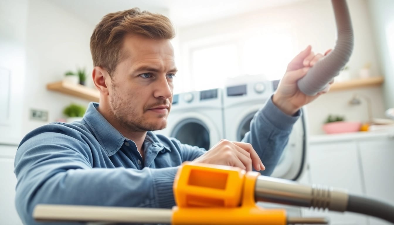 Technician performing dryer vent cleaning in a modern laundry room with tools visible.