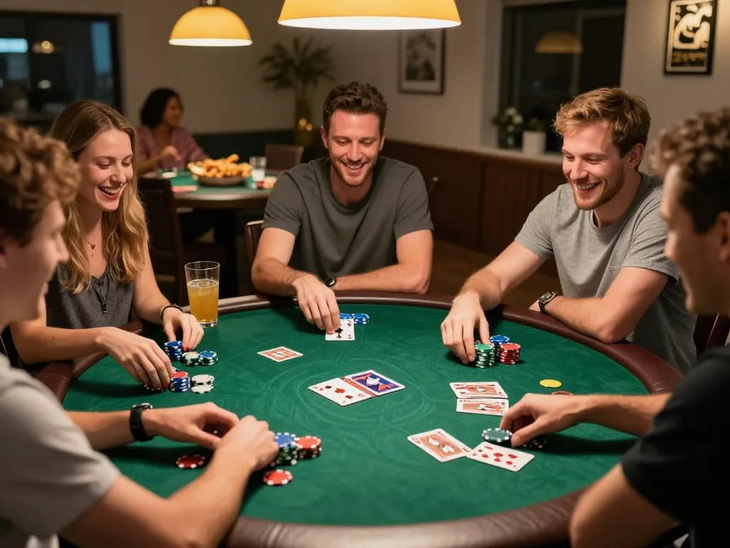 Engaged players at a home poker night strategizing with cards and colorful chips, showcasing the essence of hakobhakobyanart.